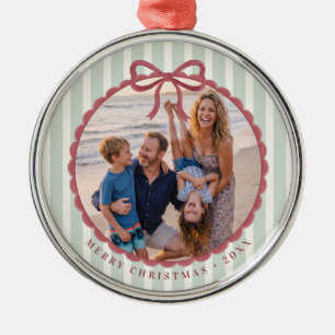 Green Striped Bow Christmas Photo Metal Ornament
