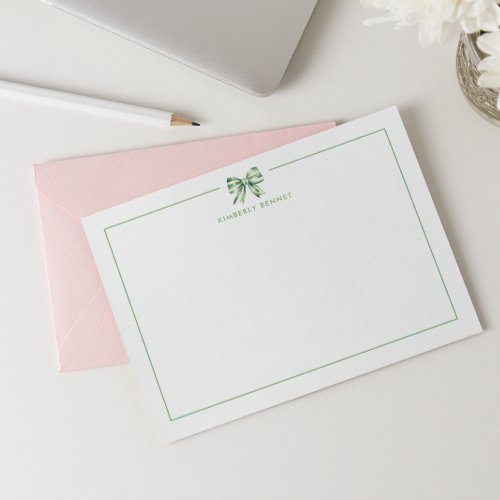 GREEN STRIPED BOW COQUETTE PERSONALIZED  NOTE CARD