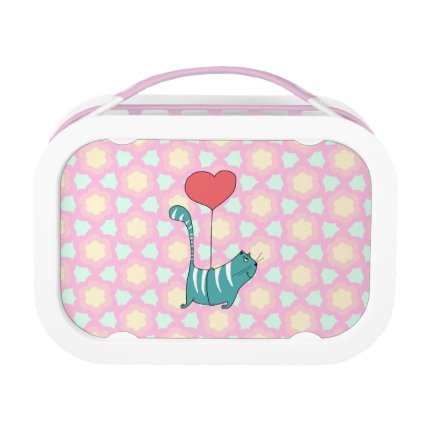 Green striped cat floating under a balloon lunch box