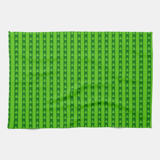 Green Striped Christmas Tree Pattern Kitchen Towel (Horizontal)