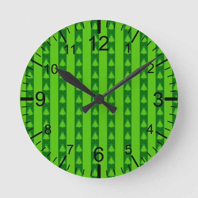 Green Striped Christmas Tree Pattern Round Clock (Front)