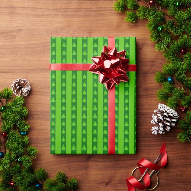 Green Striped Christmas Tree Pattern Wrapping Paper (Holiday Gift)