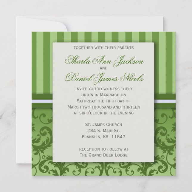 Green Striped Damask Wedding  Invitation (Front)