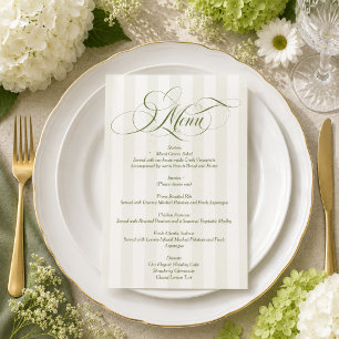 Green Striped Elegant Script Wedding Menu Card