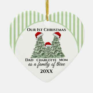 Green Striped First Christmas As Family of Three Ceramic Ornament