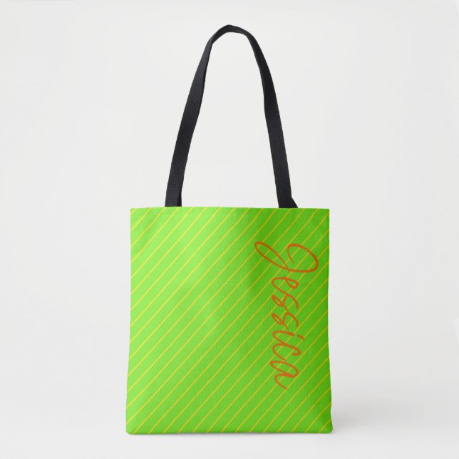 Green Striped Modern Girly Chic Unique Template Tote Bag (Front)