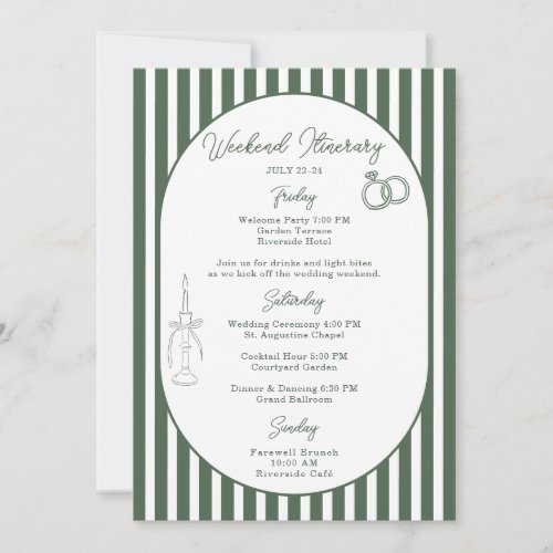 Green Striped Preppy Cabana Wedding Itinerary Card