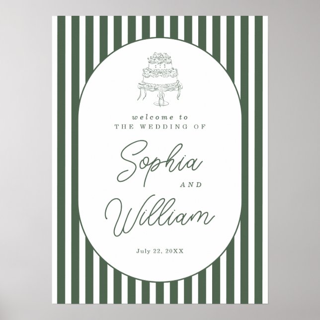 Green Striped Preppy Cabana Wedding Welcome Sign (Front)