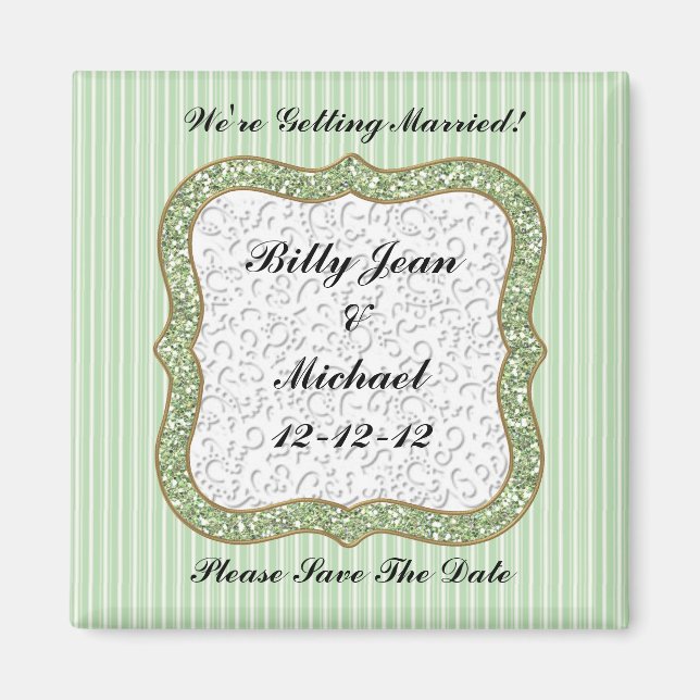 GREEN STRIPED SAVE THE DATE WEDDING MAGNET (Front)