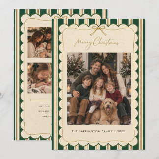 Green striped scalloped family holiday christmas card
