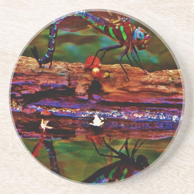 Green striped Teal & purple Dragonfly Sandstone Coaster (Front)