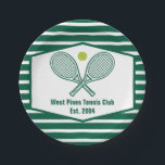 Green Striped Tennis Custom Country Club Paper Plates<br><div class="desc">These classy modern country club paper plates features tennis rackets and a ball above your tennis team name and established date. Green and white striped decor for your tennis players and country club members.</div>