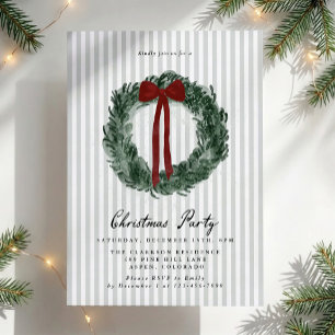 Green Striped Watercolor Wreath Red Bow Christmas Invitation