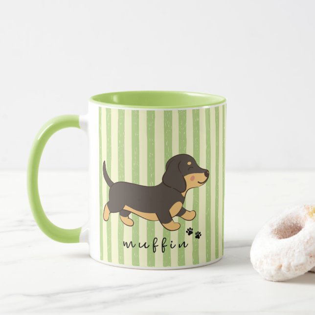 Green Stripes Black Tan Dachshund Name  Mug (With Donut)