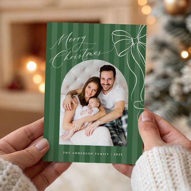 Green Stripes Bow Christmas Photo Card (Creator Uploaded)