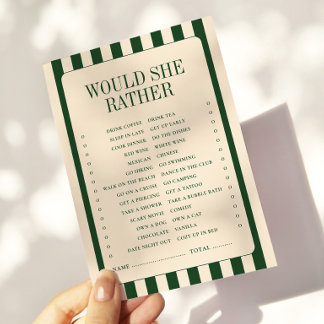 Green Stripes Bridal Shower Would She Rather Game Note Card