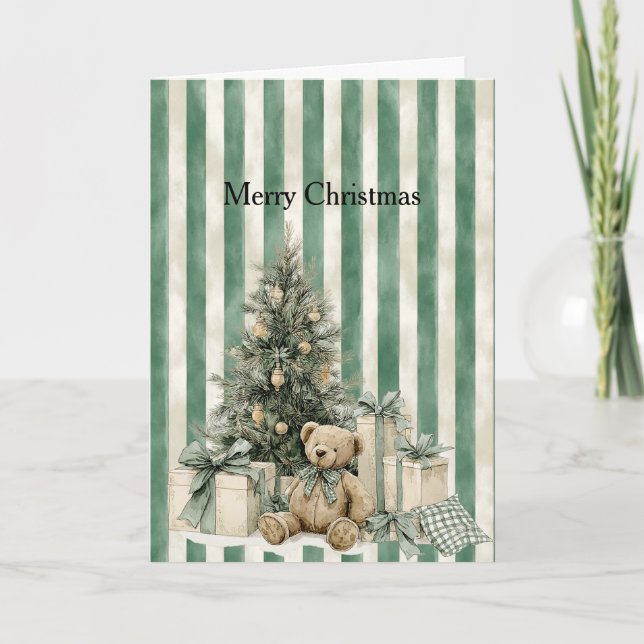 Green Stripes Christmas Tree Teddy Bear Gifts Card (Front)