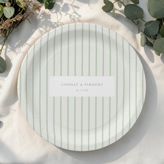 Green Stripes Classic Summer Wedding Paper Plates (Creator Uploaded)