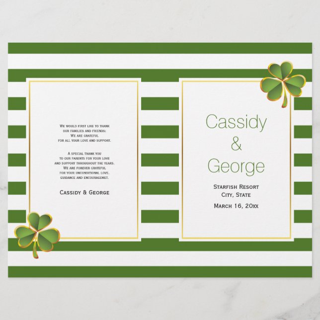 Green stripes clover folded Irish wedding program (Front)