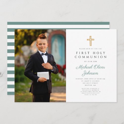 Green Stripes Cross Boy Photo First Communion Invitation