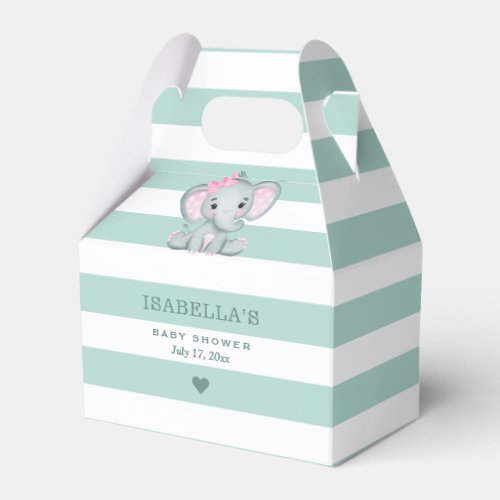 Green Stripes Cute Elephant Girl Baby Shower Favor Boxes