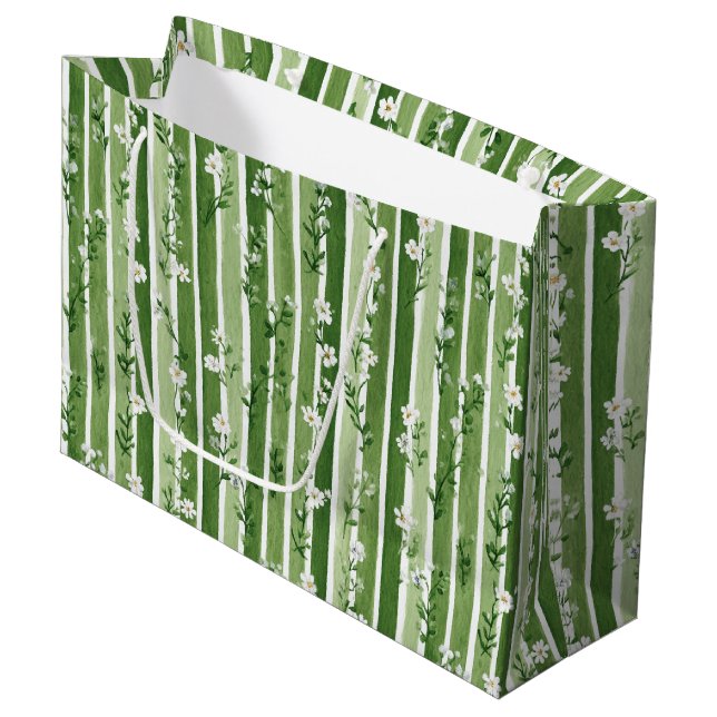 Green Stripes Daisy Flowers Birthday Large Gift Bag (Front Angled)