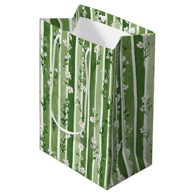 Green Stripes Daisy Flowers Birthday Medium Gift Bag (Front Angled)