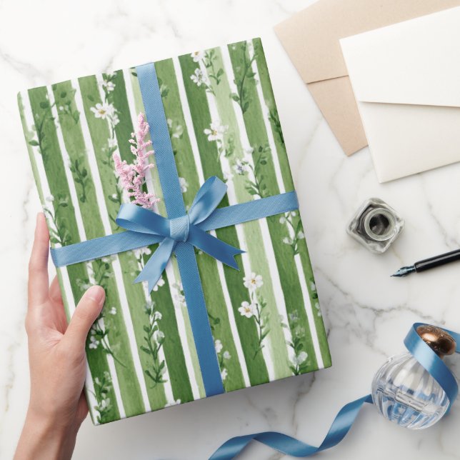 Green Stripes Daisy Flowers Birthday Wrapping Paper (Gifting)