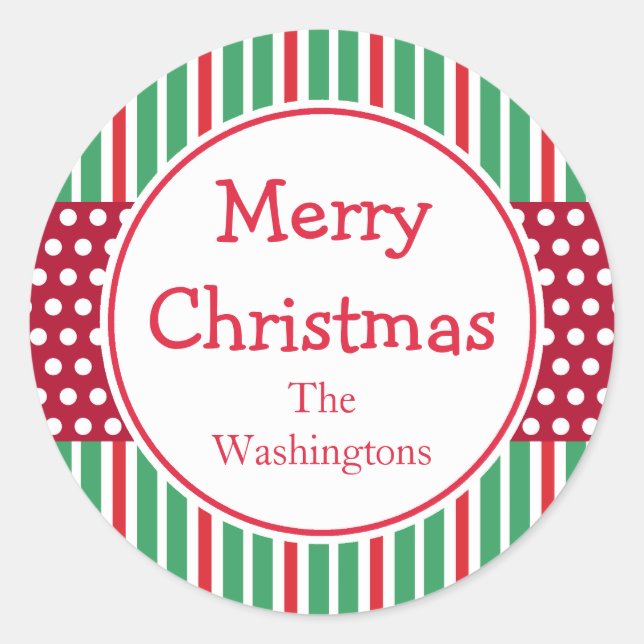 Green Stripes Dots Holiday Christmas Stickers (Front)