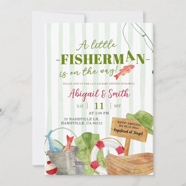 Green Stripes Fall Boy Fishing Baby Shower Invitation (Front)