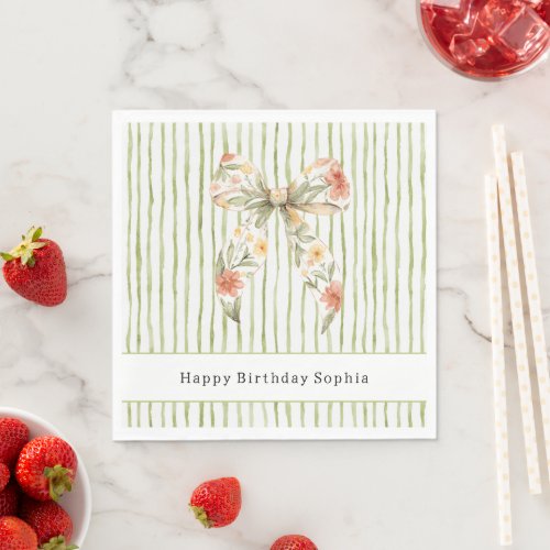 Green Stripes Floral Bow Birthday Napkins
