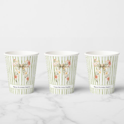Green Stripes Floral Bow Birthday Paper Cups