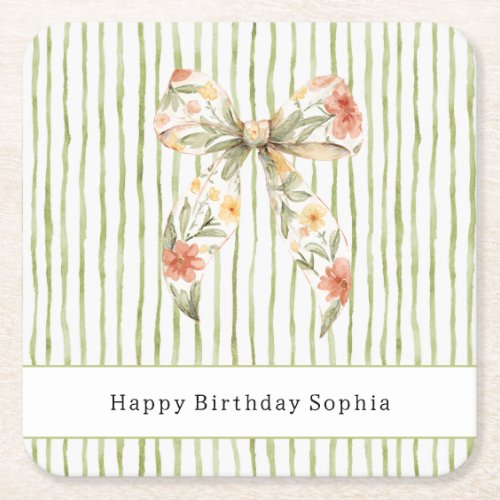 Green Stripes Floral Bow Birthday Square Paper Coaster