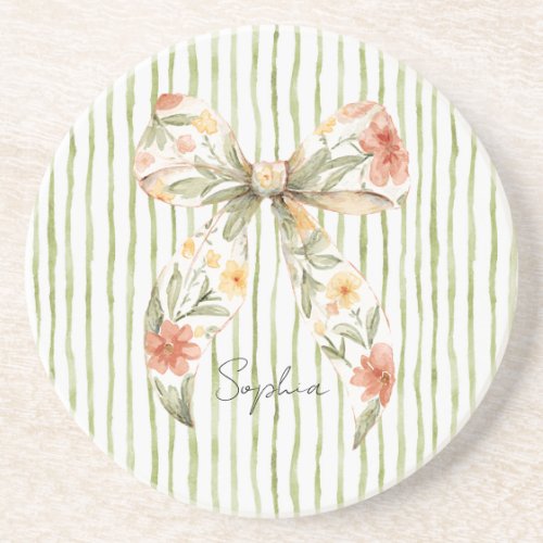 Green Stripes Floral Bow Coaster