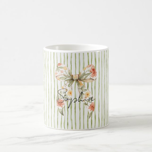 Green Stripes Floral Bow Coffee Mug (Center)