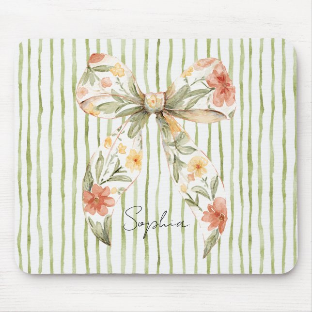 Green Stripes Floral Bow Mouse Pad (Front)