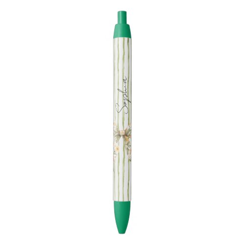 Green Stripes Floral Bow Pen