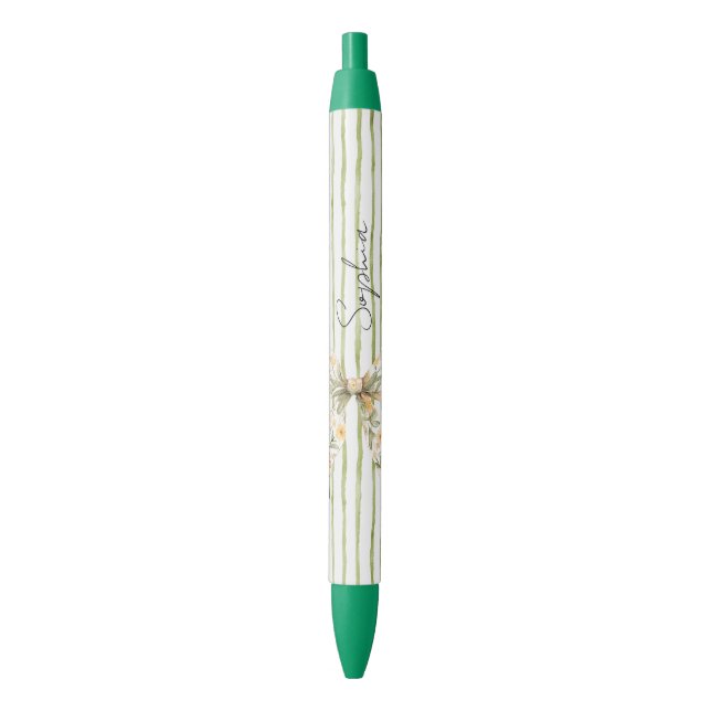 Green Stripes Floral Bow Pen (Front Vertical)