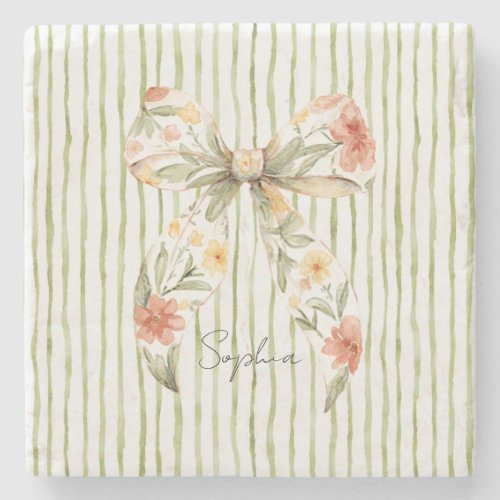 Green Stripes Floral Bow Stone Coaster