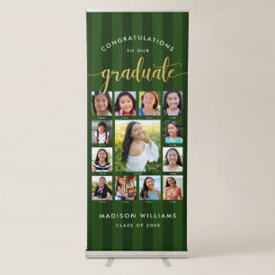 Green Stripes Grad K–12 Gold Script Photo Collage Retractable Banner