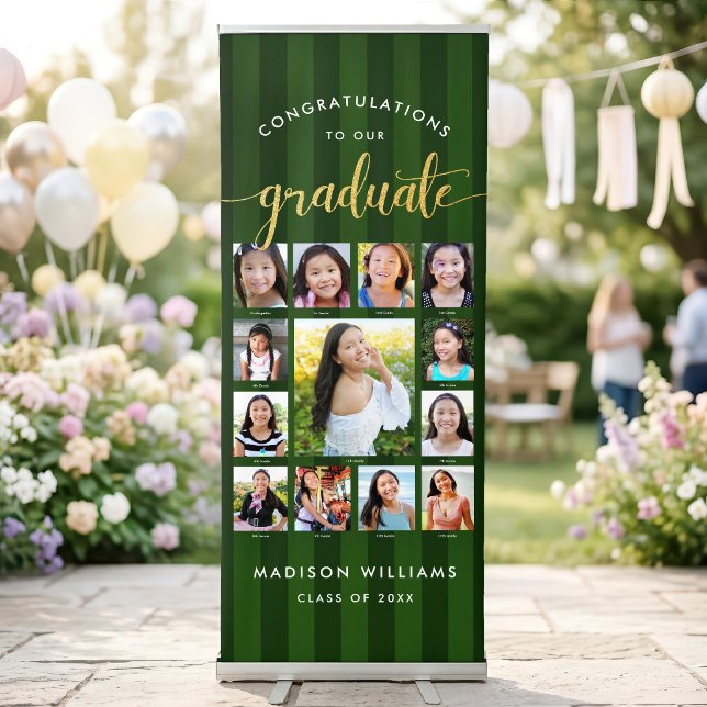 Green Stripes Grad K–12 Gold Script Photo Collage Retractable Banner (Creator Uploaded)