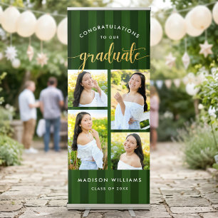 Green Stripes Graduate Gold Script 4 Photo Collage Retractable Banner