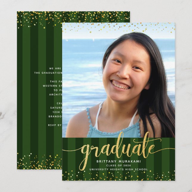 Green stripes graduation photo gold glitter script announcement (Front/Back)