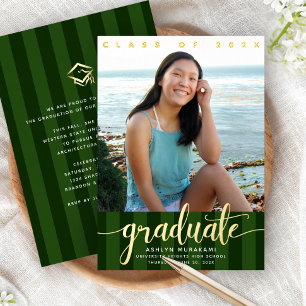 Green stripes graduation photo script real gold foil invitation