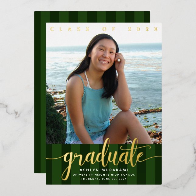 Green stripes graduation photo script real gold foil invitation (Front/Back)