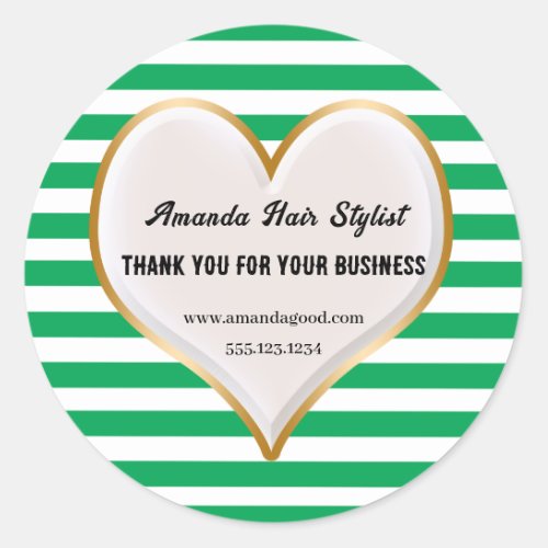 Green Stripes  Heart Promotional Thank You Classic Round Sticker