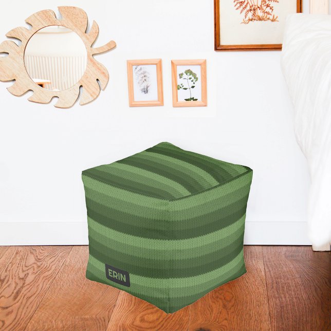 Green Stripes Knitted Effect - Add Name / Initials Pouf (Creator Uploaded)