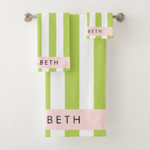 Green Stripes, Lines, Striped Pattern, Your Name Bath Towel Set