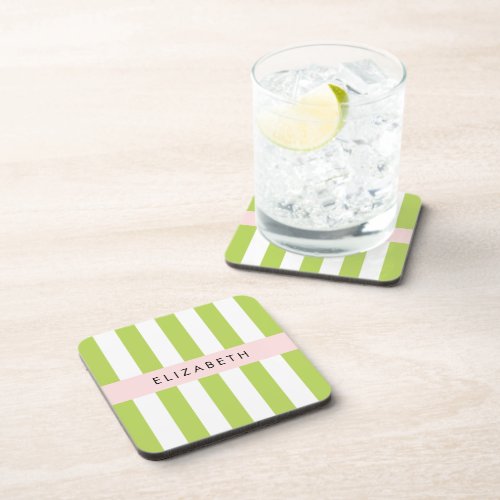 Green Stripes Lines Striped Pattern Your Name Beverage Coaster