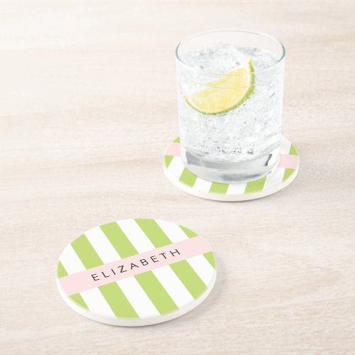 Green Stripes Lines Striped Pattern Your Name Coaster